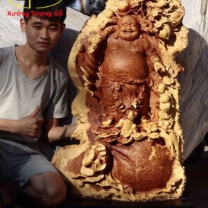 Di Lặc ngũ tiểu vác đào đứng bao tiền gỗ nu hương