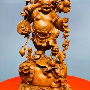 Di Lặc ngũ tiểu vác đào đứng nghê gỗ hương