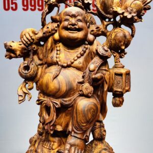 Tượng Di Lạc vác cành đào đứng Nghê Gỗ Sưa