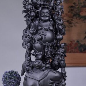 Di Lạc Ngũ Phúc Vác Cành Đào Đứng Bao Tiền Gỗ Mun Sừng
